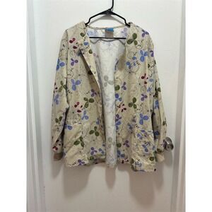 HQ Scrub Jacket Women's Floral Print Long Sleeve Button Front Pockets Size L
